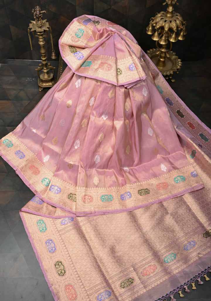 Pink Banarasi Tissue Katan Silk Saree with Sona Rupa and Meenakari Border | SILK MARK CERTIFIED