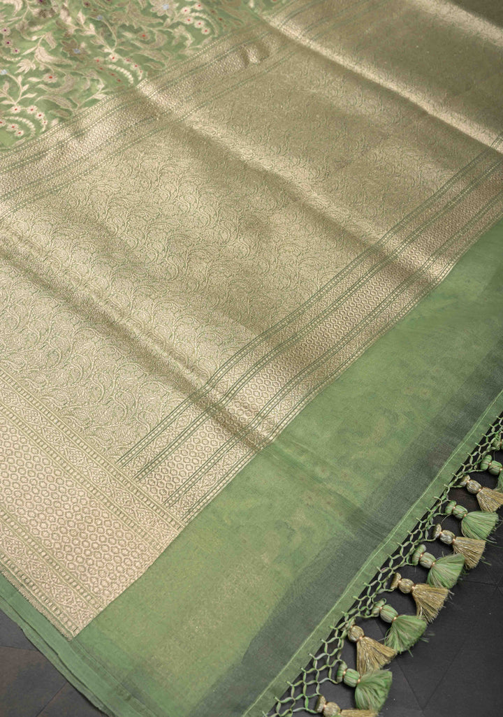 Unique Banarasi Kora Silk Saree in Pista Green with Meenakari Floral Jaal And Zari Border| SILK MARK CERTIFIED