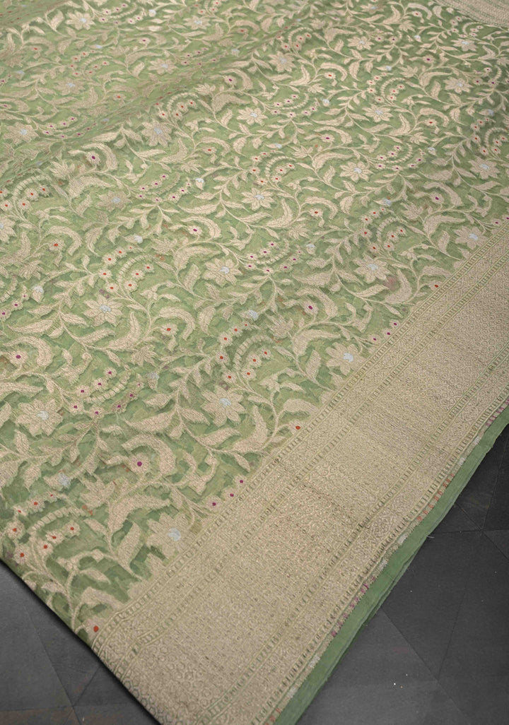 Unique Banarasi Kora Silk Saree in Pista Green with Meenakari Floral Jaal And Zari Border| SILK MARK CERTIFIED