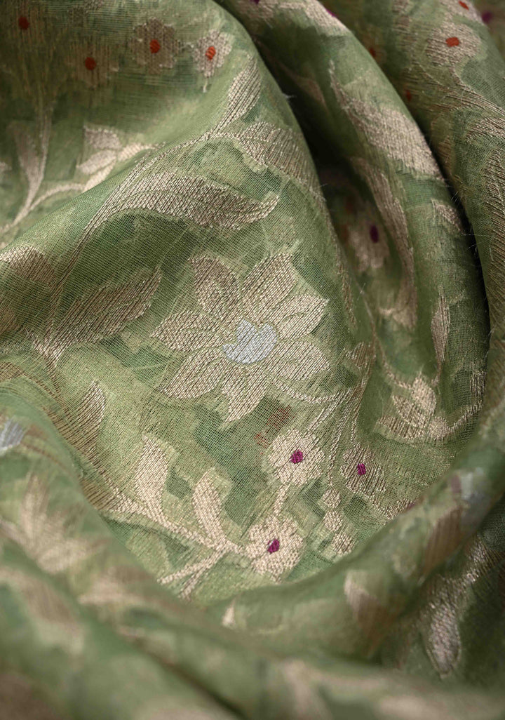 Unique Banarasi Kora Silk Saree in Pista Green with Meenakari Floral Jaal And Zari Border| SILK MARK CERTIFIED