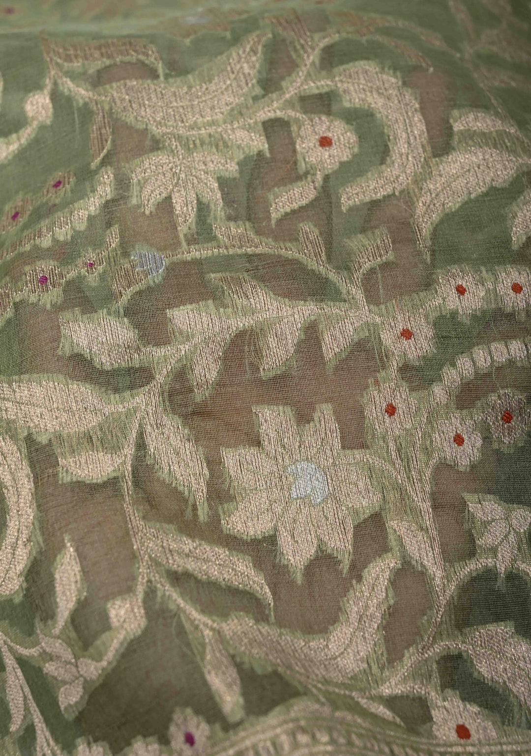 Unique Banarasi Kora Silk Saree in Pista Green with Meenakari Floral Jaal And Zari Border| SILK MARK CERTIFIED