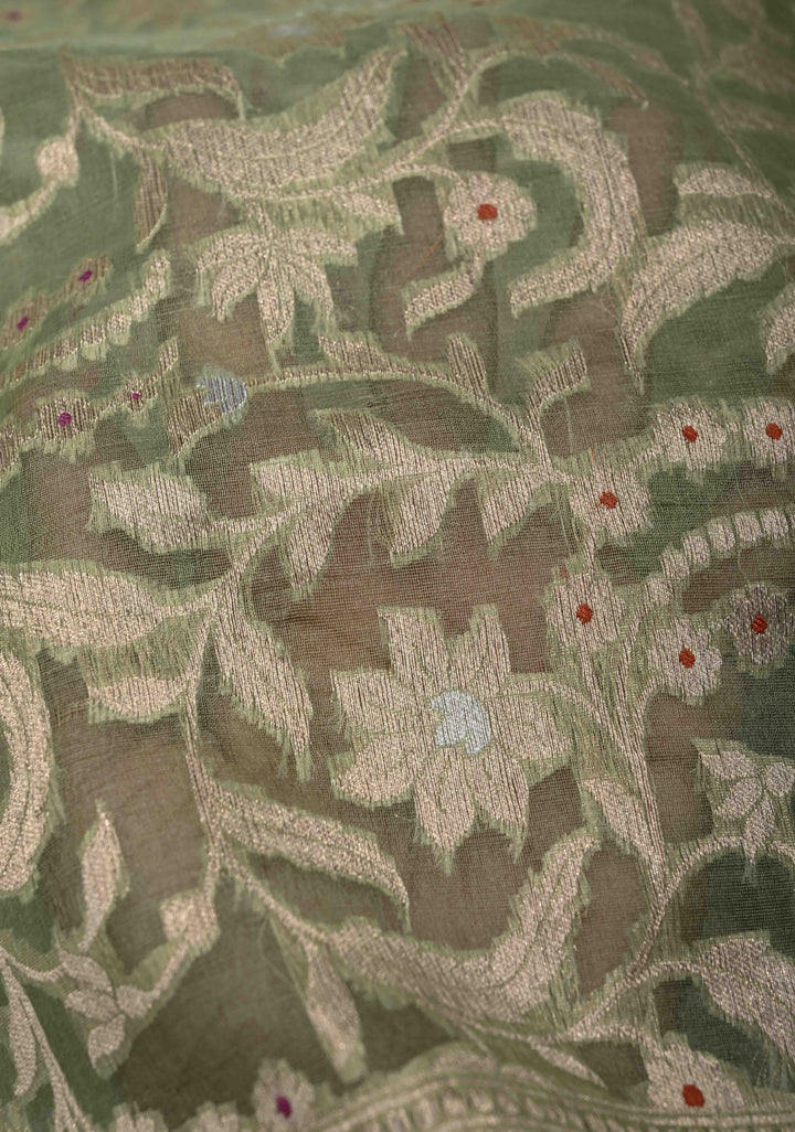Unique Banarasi Kora Silk Saree in Pista Green with Meenakari Floral Jaal And Zari Border| SILK MARK CERTIFIED