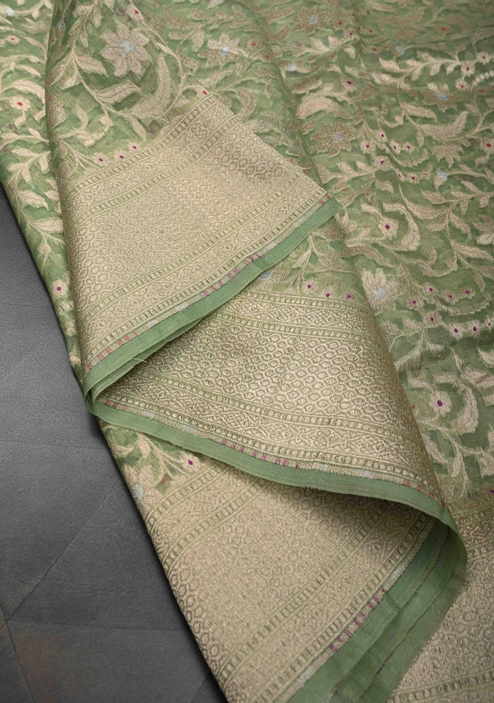 Unique Banarasi Kora Silk Saree in Pista Green with Meenakari Floral Jaal And Zari Border| SILK MARK CERTIFIED