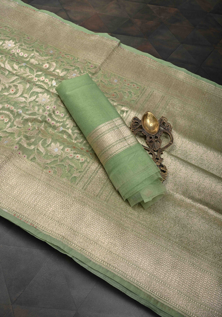 Unique Banarasi Kora Silk Saree in Pista Green with Meenakari Floral Jaal And Zari Border| SILK MARK CERTIFIED