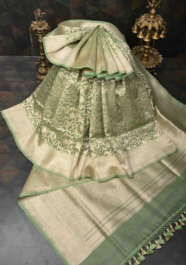 Unique Banarasi Kora Silk Saree in Pista Green with Meenakari Floral Jaal And Zari Border| SILK MARK CERTIFIED