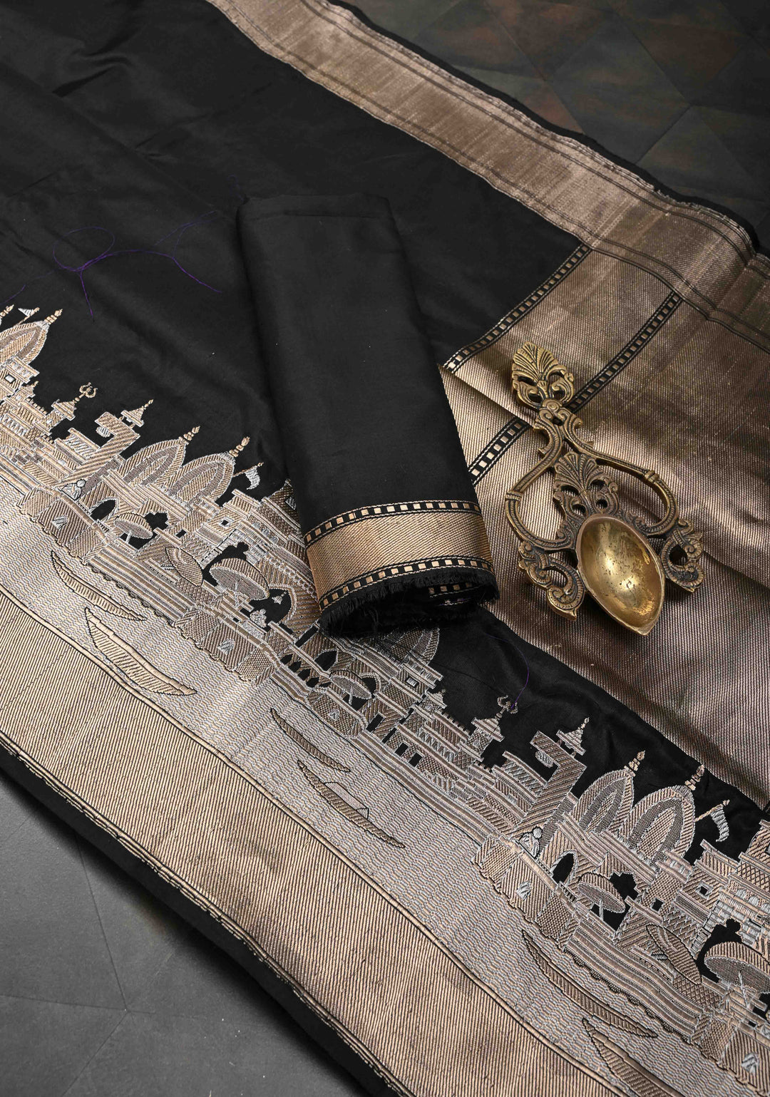 Black Banarasi Katan Silk Saree With Ganga Border | SILK MARK CERTIFIED