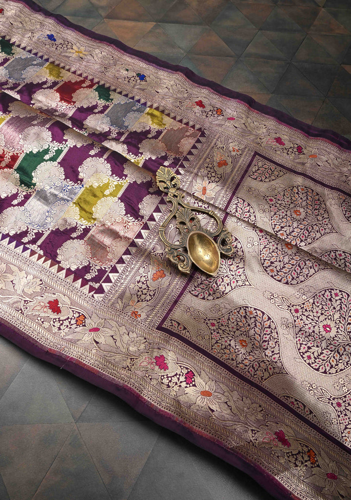 Multicolor Exquisite Rangkaat Style Floral Jaal Banarasi Brocade Katan Silk Saree with Zari Border | SILK MARK CERTIFIED