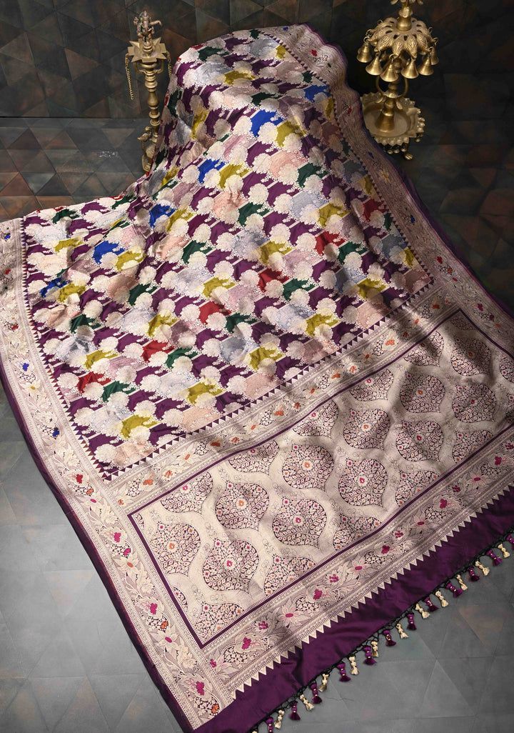 Multicolor Exquisite Rangkaat Style Floral Jaal Banarasi Brocade Katan Silk Saree with Zari Border | SILK MARK CERTIFIED