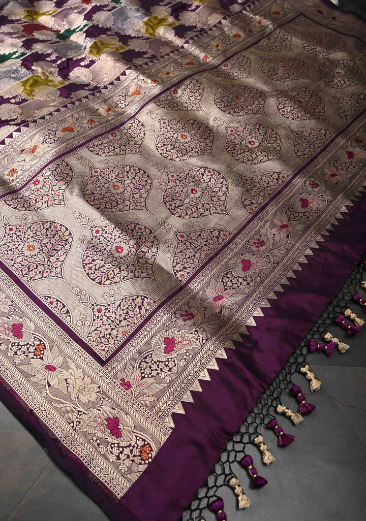 Multicolor Exquisite Rangkaat Style Floral Jaal Banarasi Brocade Katan Silk Saree with Zari Border | SILK MARK CERTIFIED