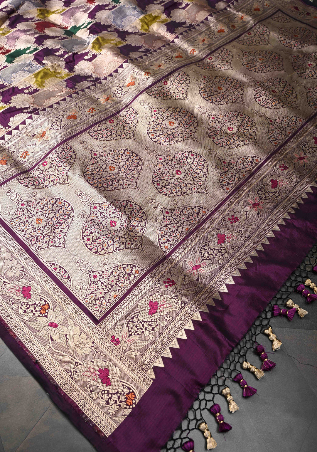 Multicolor Exquisite Rangkaat Style Floral Jaal Banarasi Brocade Katan Silk Saree with Zari Border | SILK MARK CERTIFIED