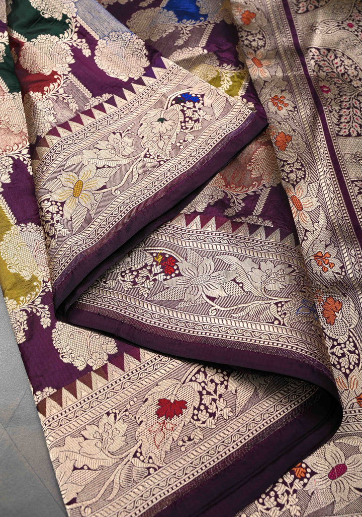 Multicolor Exquisite Rangkaat Style Floral Jaal Banarasi Brocade Katan Silk Saree with Zari Border | SILK MARK CERTIFIED
