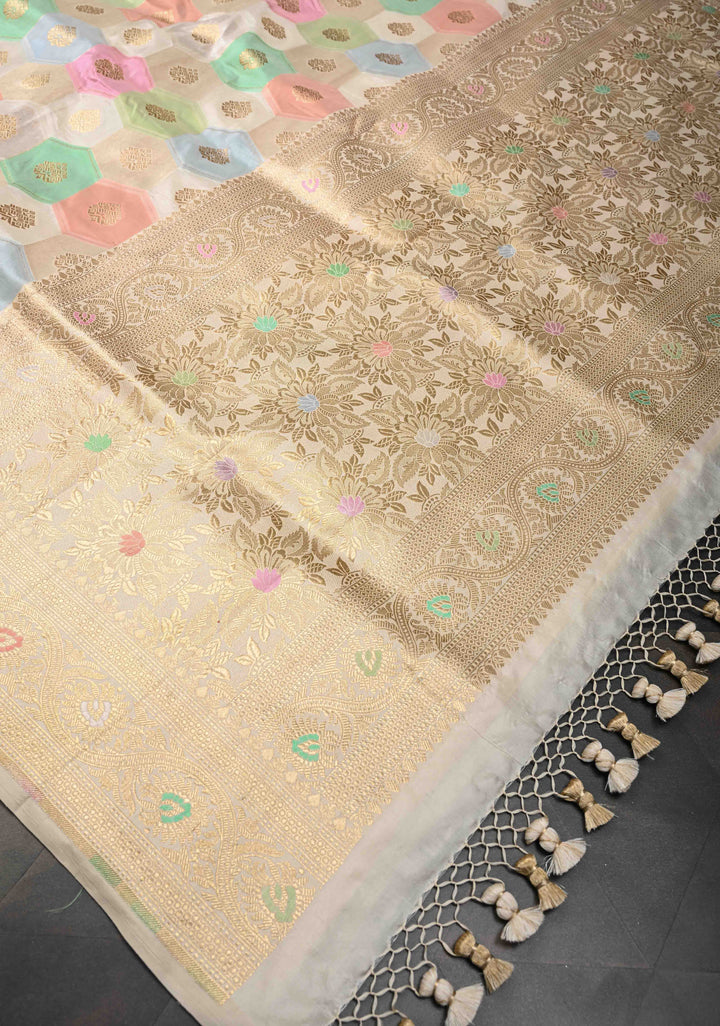 Pastel Multicolor Rangkaat Geometric Brocade Banarasi Katan Silk Saree and Meenakari  Border | SILK MARK CERTIFIED