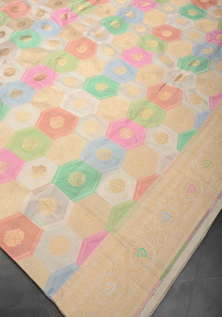 Pastel Multicolor Rangkaat Geometric Brocade Banarasi Katan Silk Saree and Meenakari  Border | SILK MARK CERTIFIED