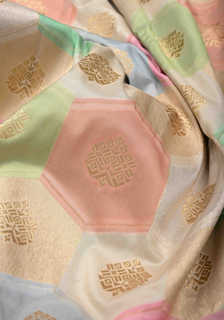 Pastel Multicolor Rangkaat Geometric Brocade Banarasi Katan Silk Saree and Meenakari  Border | SILK MARK CERTIFIED