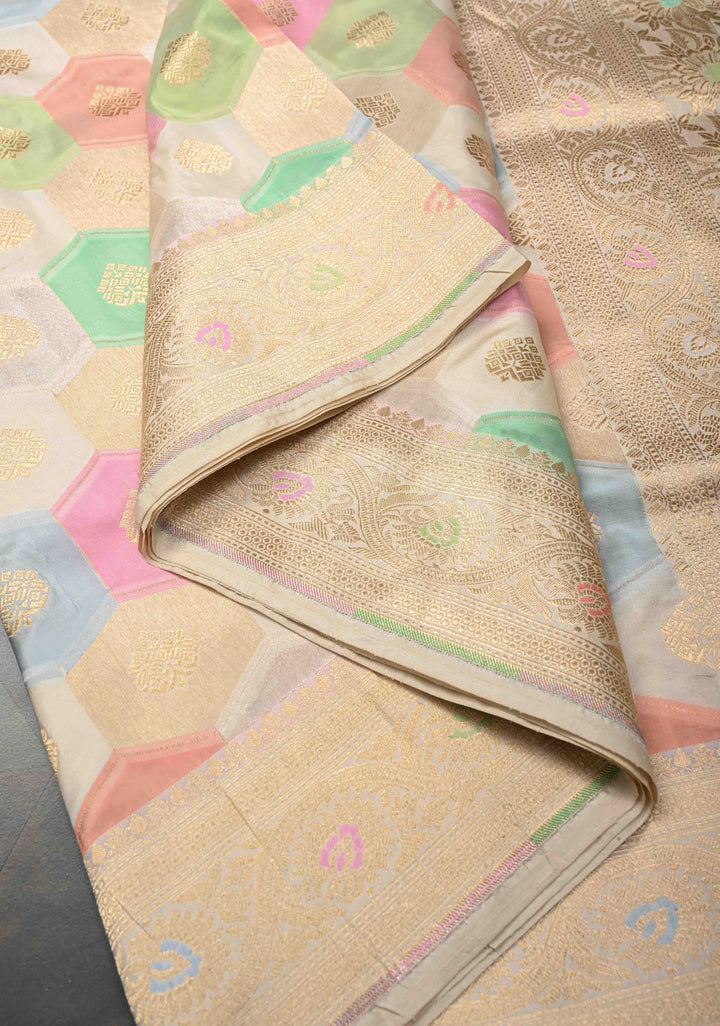 Pastel Multicolor Rangkaat Geometric Brocade Banarasi Katan Silk Saree and Meenakari  Border | SILK MARK CERTIFIED