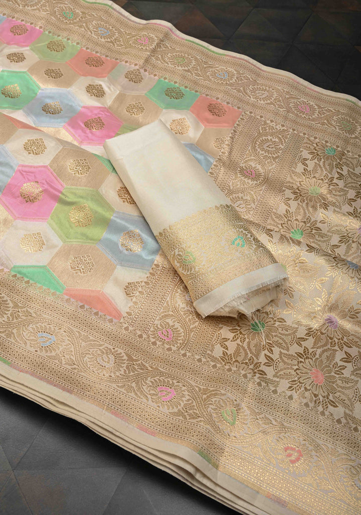 Pastel Multicolor Rangkaat Geometric Brocade Banarasi Katan Silk Saree and Meenakari  Border | SILK MARK CERTIFIED