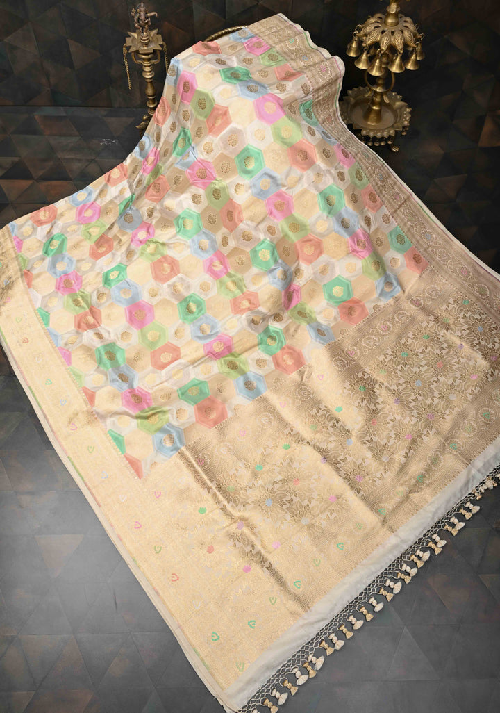 Pastel Multicolor Rangkaat Geometric Brocade Banarasi Katan Silk Saree and Meenakari  Border | SILK MARK CERTIFIED