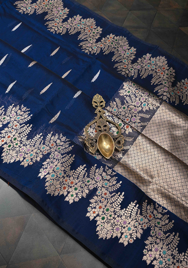 Exquisite Deep Cove Banarasi Katan Silk Saree with Sona Rupa Buttas and Trendy Meenakari Scallop Border | SILK MARK CERTIFIED