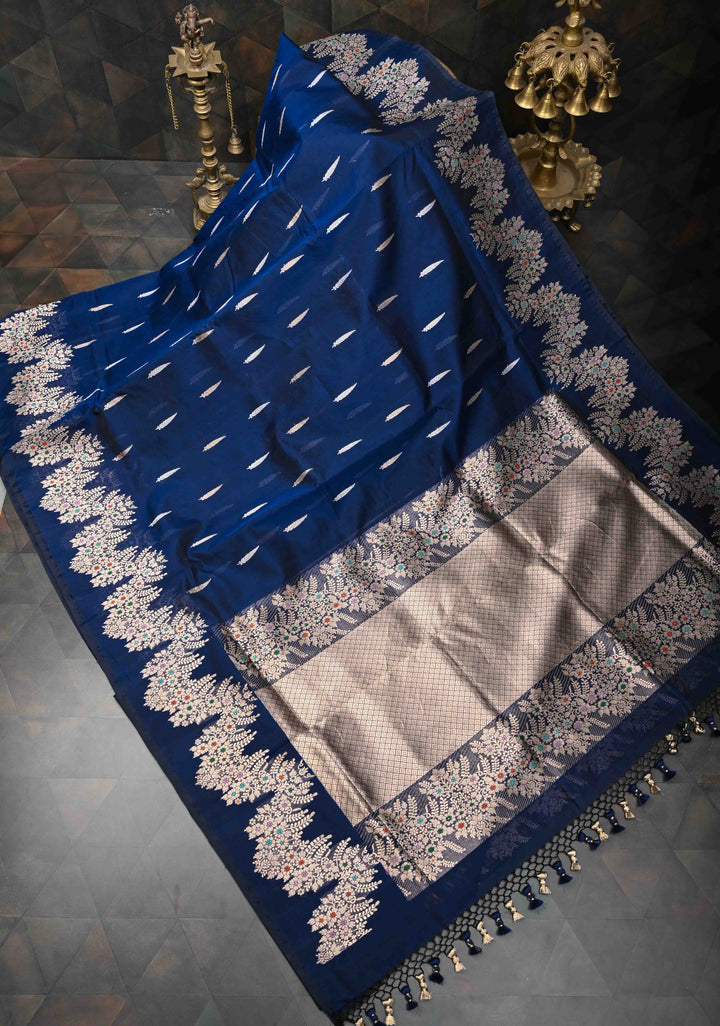 Exquisite Deep Cove Banarasi Katan Silk Saree with Sona Rupa Buttas and Trendy Meenakari Scallop Border | SILK MARK CERTIFIED