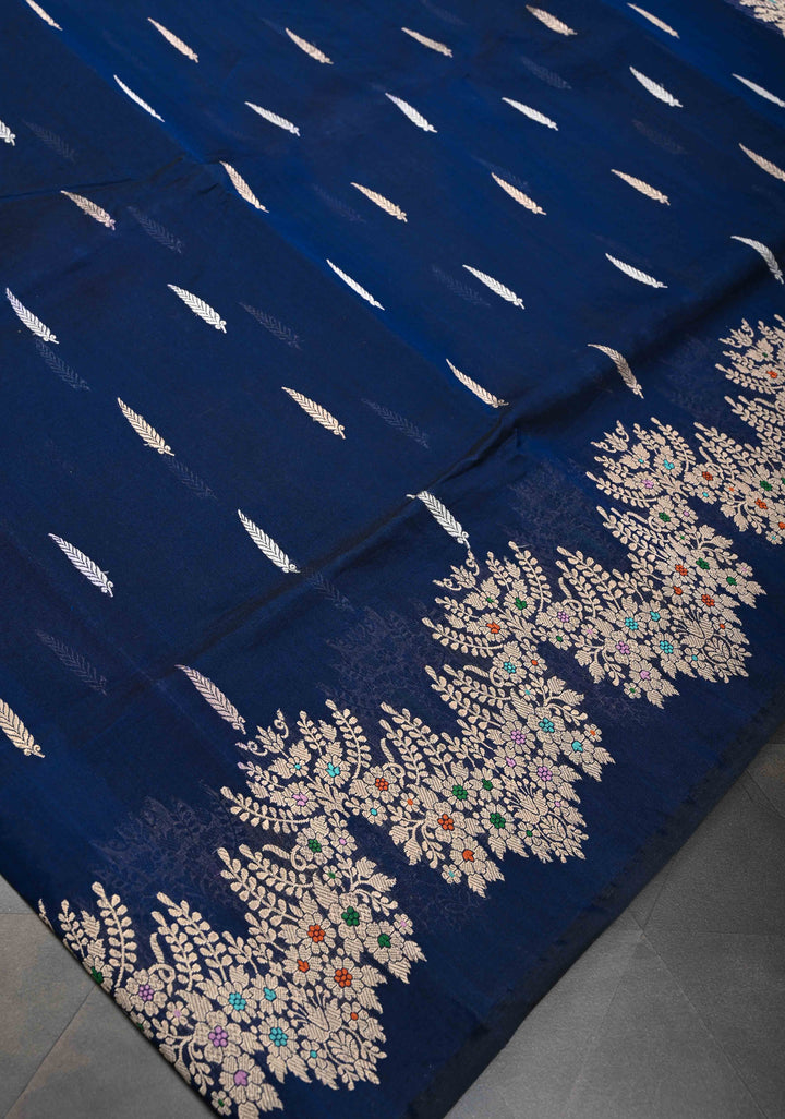 Exquisite Deep Cove Banarasi Katan Silk Saree with Sona Rupa Buttas and Trendy Meenakari Scallop Border | SILK MARK CERTIFIED
