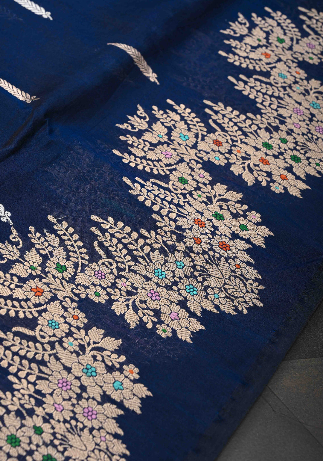 Exquisite Deep Cove Banarasi Katan Silk Saree with Sona Rupa Buttas and Trendy Meenakari Scallop Border | SILK MARK CERTIFIED