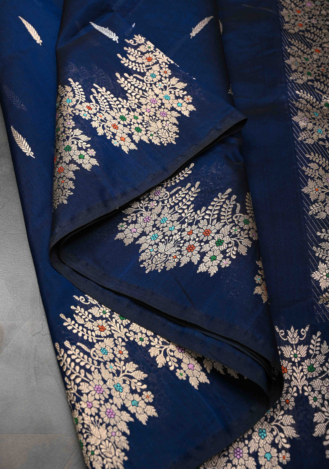 Exquisite Deep Cove Banarasi Katan Silk Saree with Sona Rupa Buttas and Trendy Meenakari Scallop Border | SILK MARK CERTIFIED