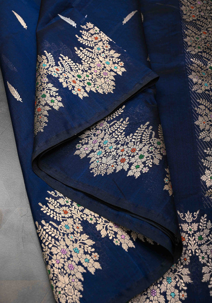 Exquisite Deep Cove Banarasi Katan Silk Saree with Sona Rupa Buttas and Trendy Meenakari Scallop Border | SILK MARK CERTIFIED