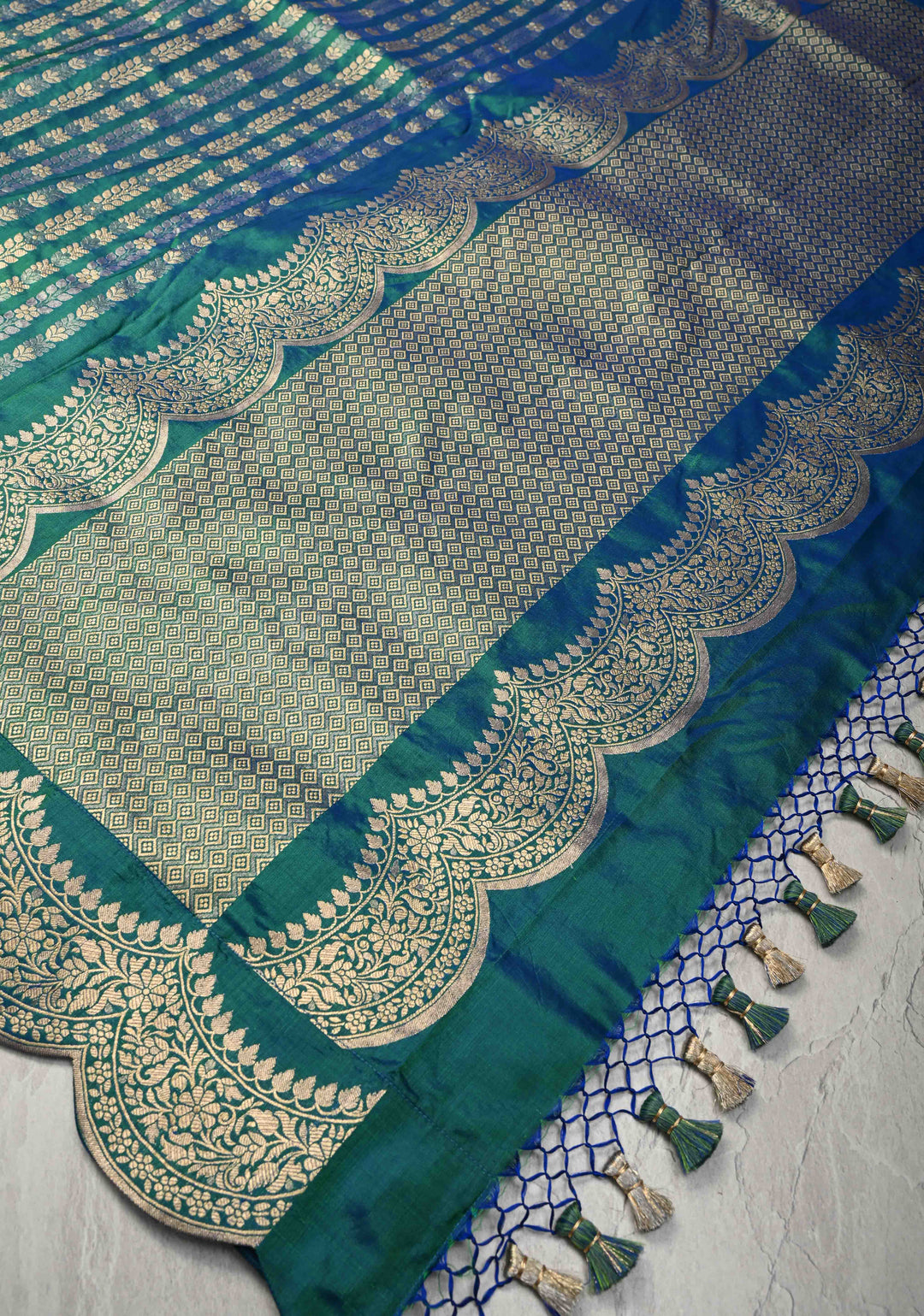 Peacock Blue and Zari Vertical Stripes and Scalloped Border Design Pure Katan Silk Banarasi Saree | SILK MARK CERTIFIED