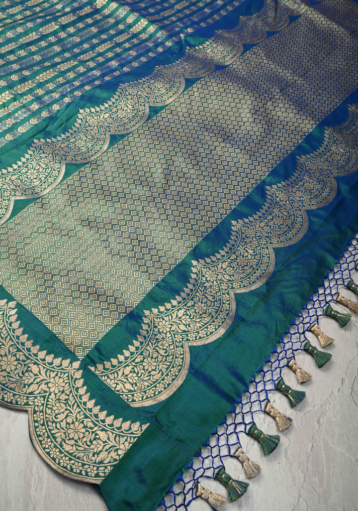 Peacock Blue and Zari Vertical Stripes and Scalloped Border Design Pure Katan Silk Banarasi Saree | SILK MARK CERTIFIED