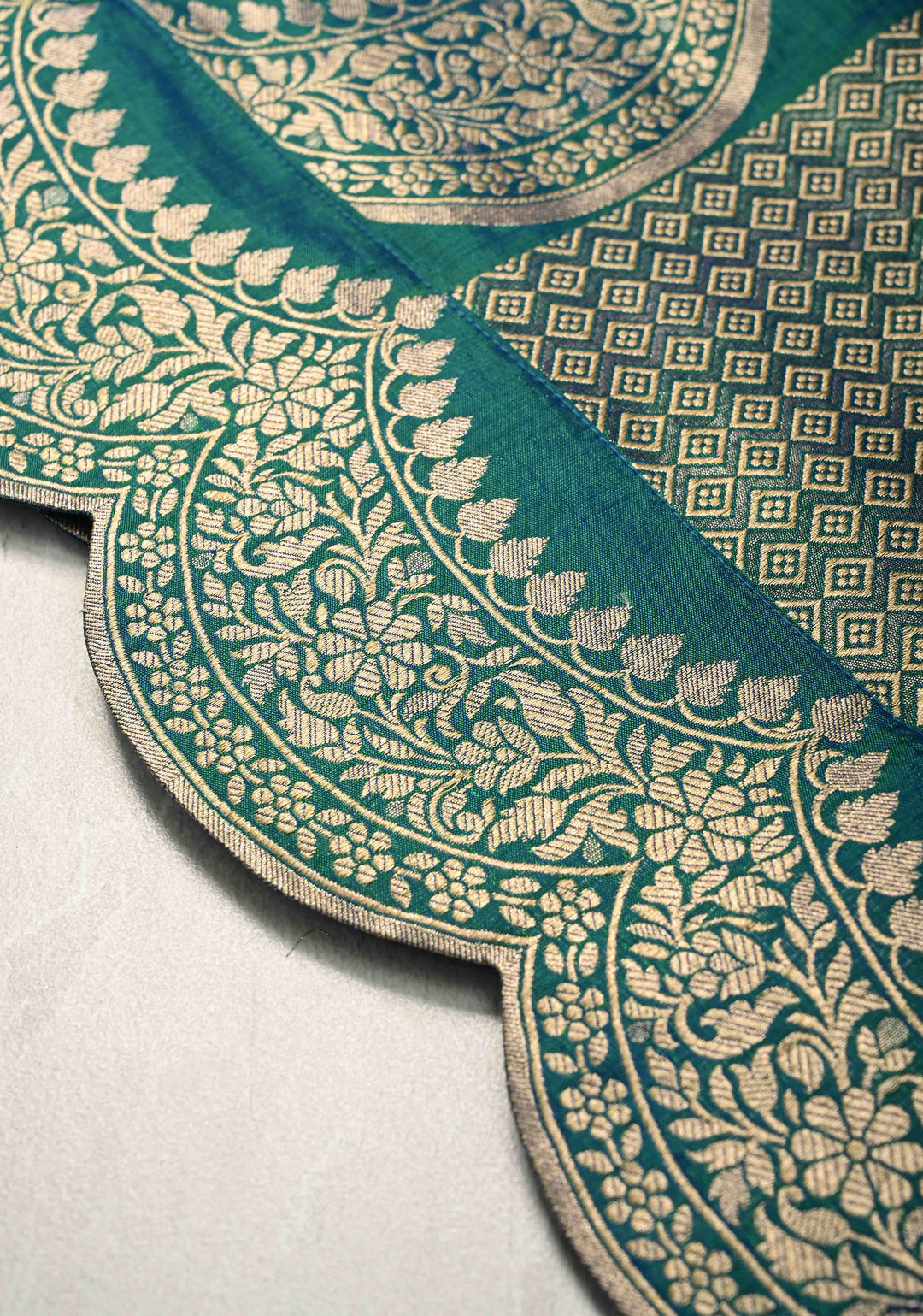 Peacock Blue and Zari Vertical Stripes and Scalloped Border Design Pure Katan Silk Banarasi Saree | SILK MARK CERTIFIED