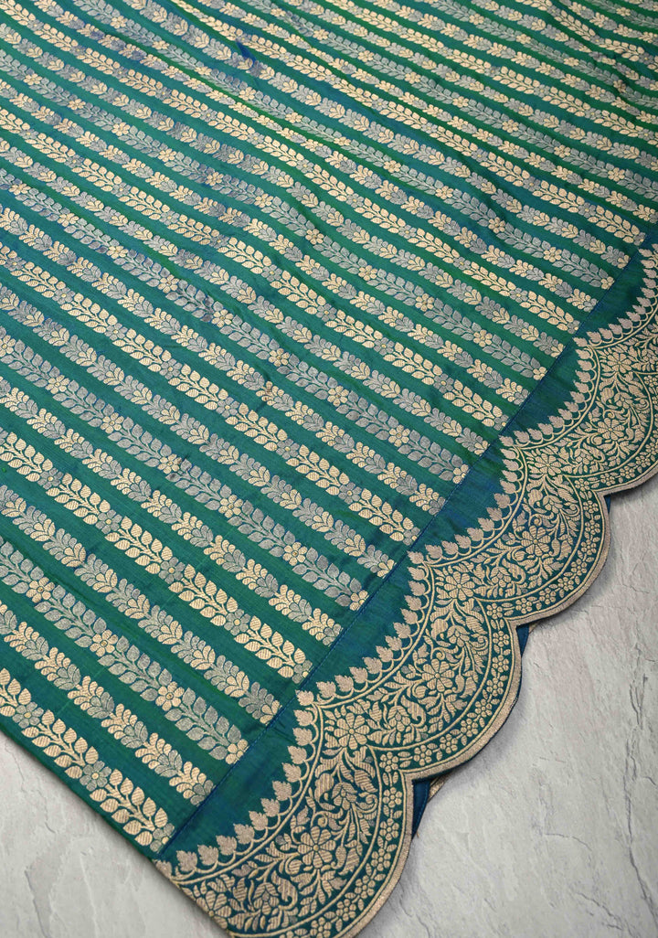 Peacock Blue and Zari Vertical Stripes and Scalloped Border Design Pure Katan Silk Banarasi Saree | SILK MARK CERTIFIED