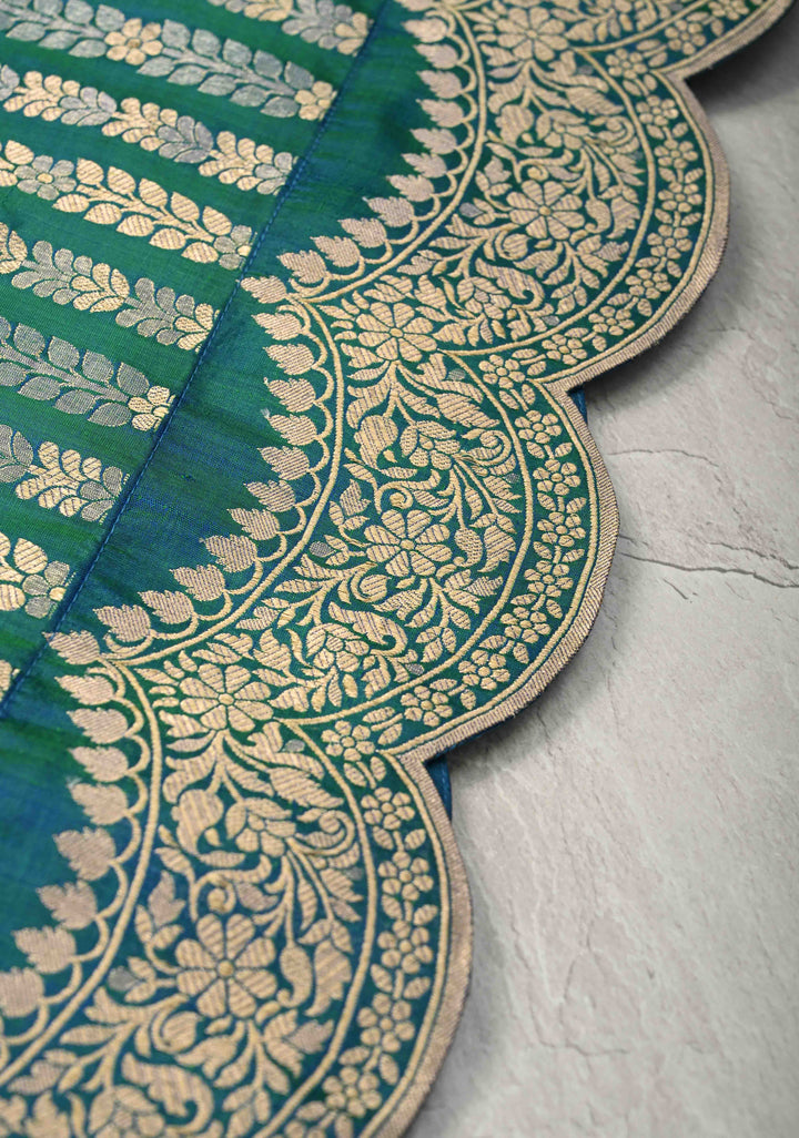 Peacock Blue and Zari Vertical Stripes and Scalloped Border Design Pure Katan Silk Banarasi Saree | SILK MARK CERTIFIED