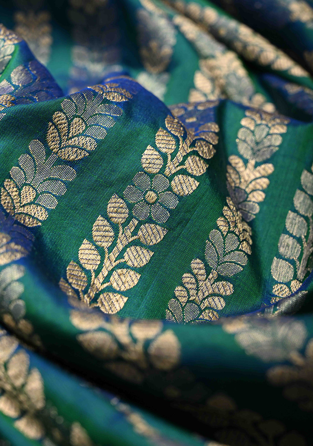 Peacock Blue and Zari Vertical Stripes and Scalloped Border Design Pure Katan Silk Banarasi Saree | SILK MARK CERTIFIED