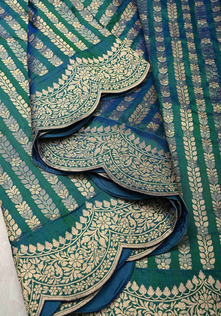 Peacock Blue and Zari Vertical Stripes and Scalloped Border Design Pure Katan Silk Banarasi Saree | SILK MARK CERTIFIED