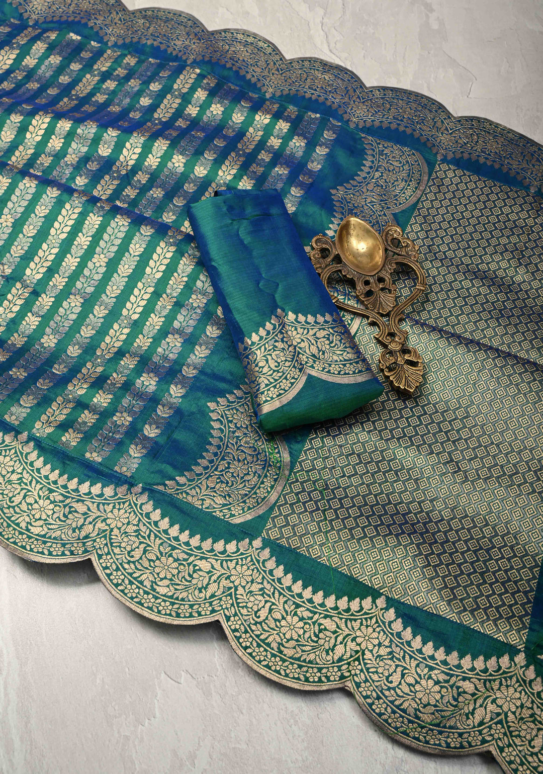 Peacock Blue and Zari Vertical Stripes and Scalloped Border Design Pure Katan Silk Banarasi Saree | SILK MARK CERTIFIED
