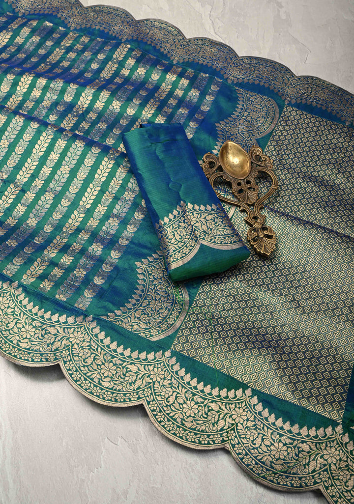 Peacock Blue and Zari Vertical Stripes and Scalloped Border Design Pure Katan Silk Banarasi Saree | SILK MARK CERTIFIED