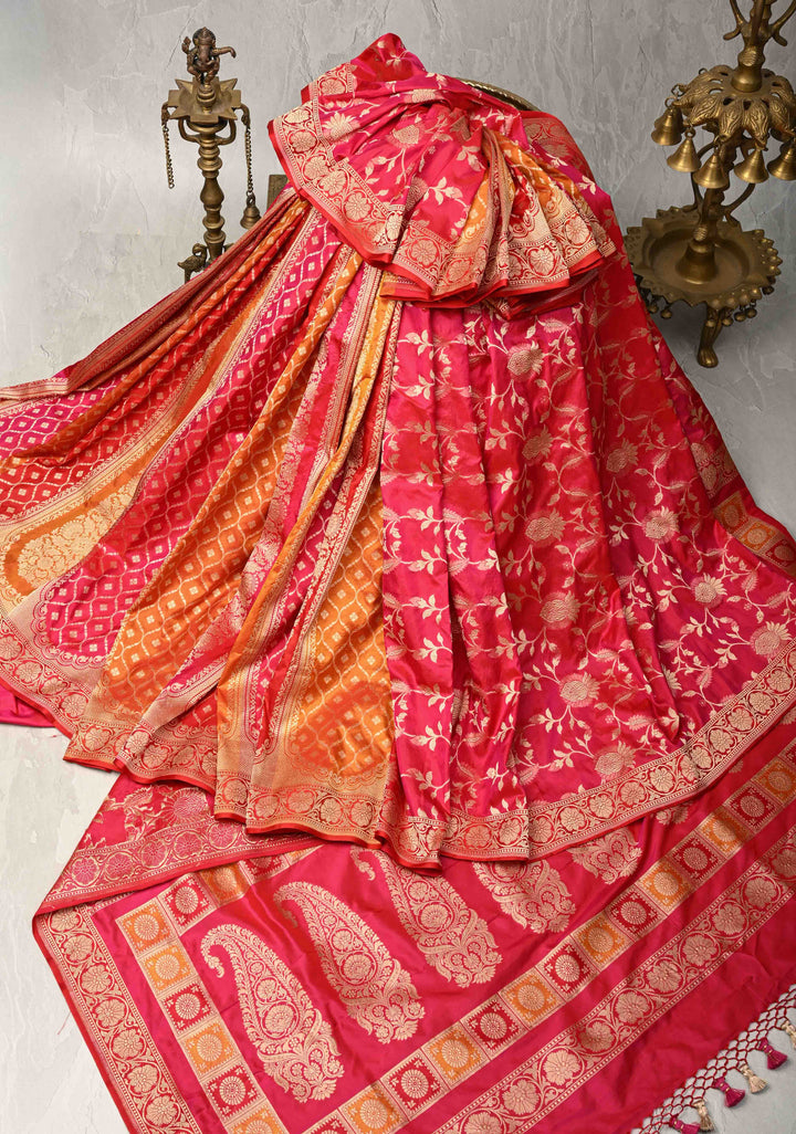 Vibrant Hued Jharoka Pattern Floral brocade Halh and Half Pure Katan Silk saree with Zari borders | SILK MARK CERTIFIED