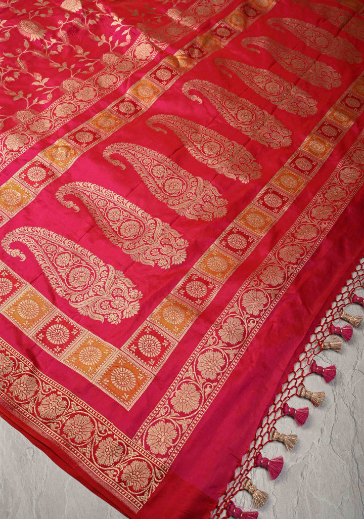 Vibrant Hued Jharoka Pattern Floral brocade Halh and Half Pure Katan Silk saree with Zari borders | SILK MARK CERTIFIED