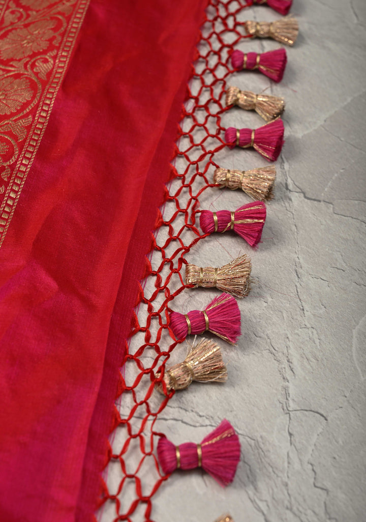 Vibrant Hued Jharoka Pattern Floral brocade Halh and Half Pure Katan Silk saree with Zari borders | SILK MARK CERTIFIED