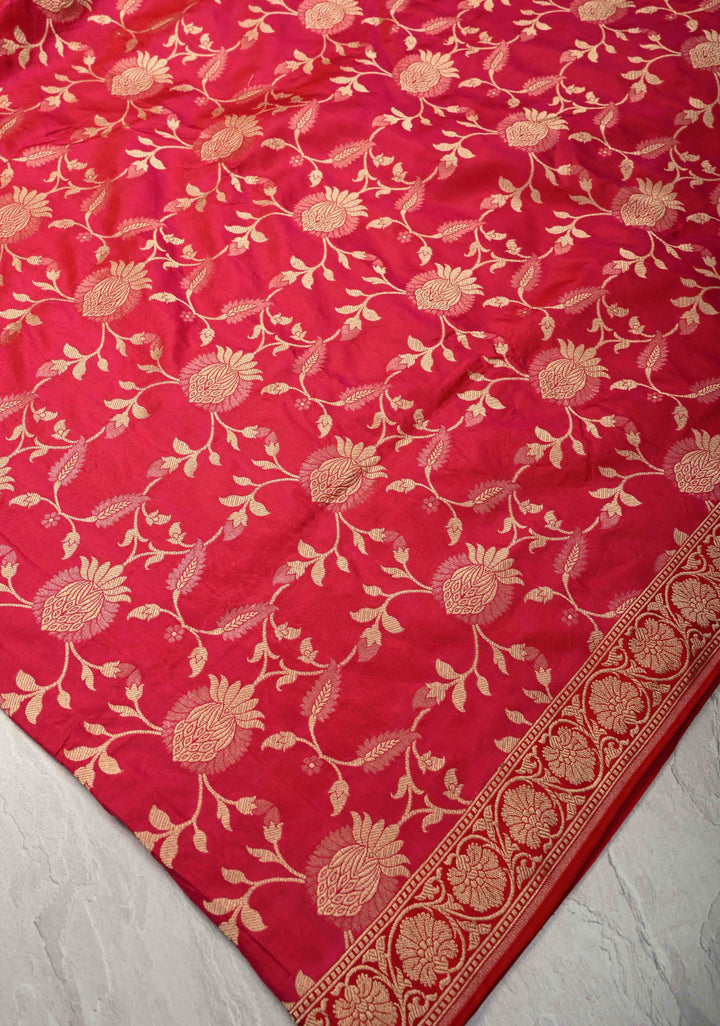 Vibrant Hued Jharoka Pattern Floral brocade Halh and Half Pure Katan Silk saree with Zari borders | SILK MARK CERTIFIED