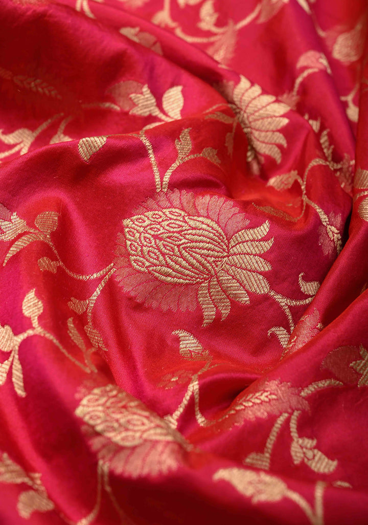 Vibrant Hued Jharoka Pattern Floral brocade Halh and Half Pure Katan Silk saree with Zari borders | SILK MARK CERTIFIED