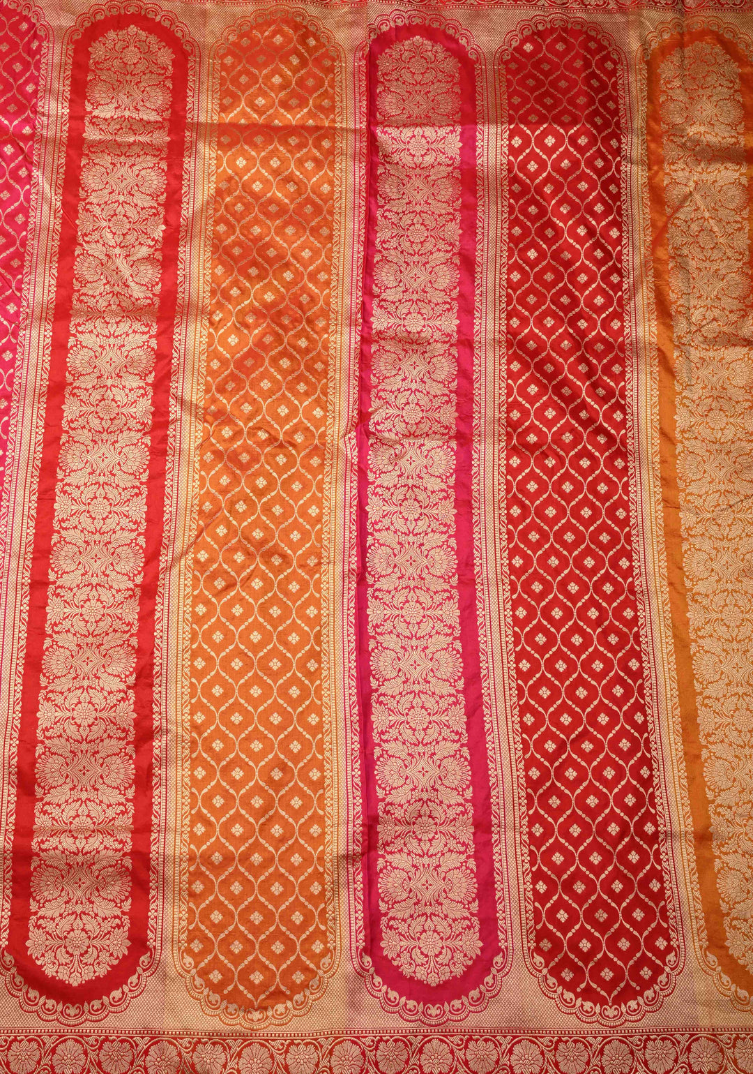 Vibrant Hued Jharoka Pattern Floral brocade Halh and Half Pure Katan Silk saree with Zari borders | SILK MARK CERTIFIED
