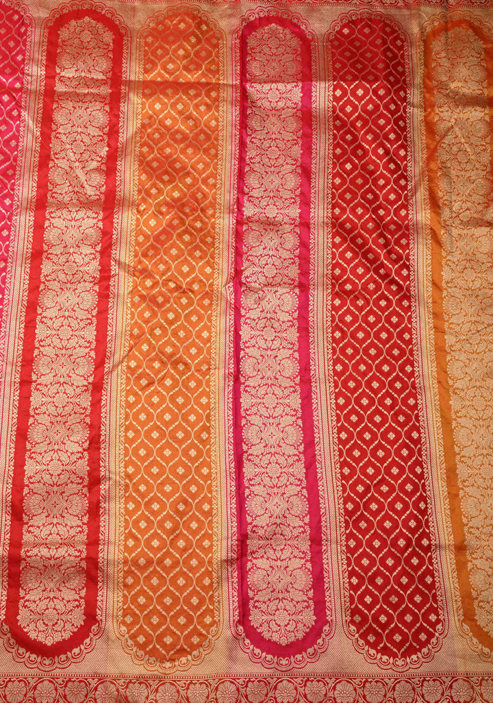 Vibrant Hued Jharoka Pattern Floral brocade Halh and Half Pure Katan Silk saree with Zari borders | SILK MARK CERTIFIED