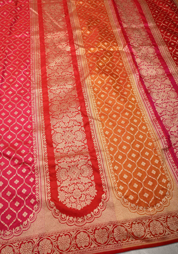 Vibrant Hued Jharoka Pattern Floral brocade Halh and Half Pure Katan Silk saree with Zari borders | SILK MARK CERTIFIED