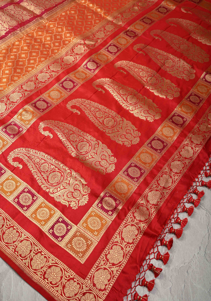 Vibrant Hued Jharoka Pattern Pure Katan Silk saree with Zari borders | SILK MARK CERTIFIED