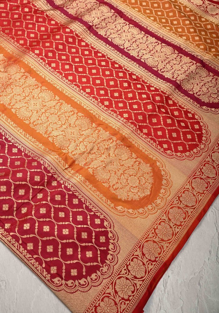 Vibrant Hued Jharoka Pattern Pure Katan Silk saree with Zari borders | SILK MARK CERTIFIED