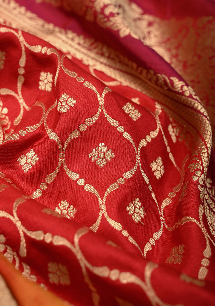 Vibrant Hued Jharoka Pattern Pure Katan Silk saree with Zari borders | SILK MARK CERTIFIED