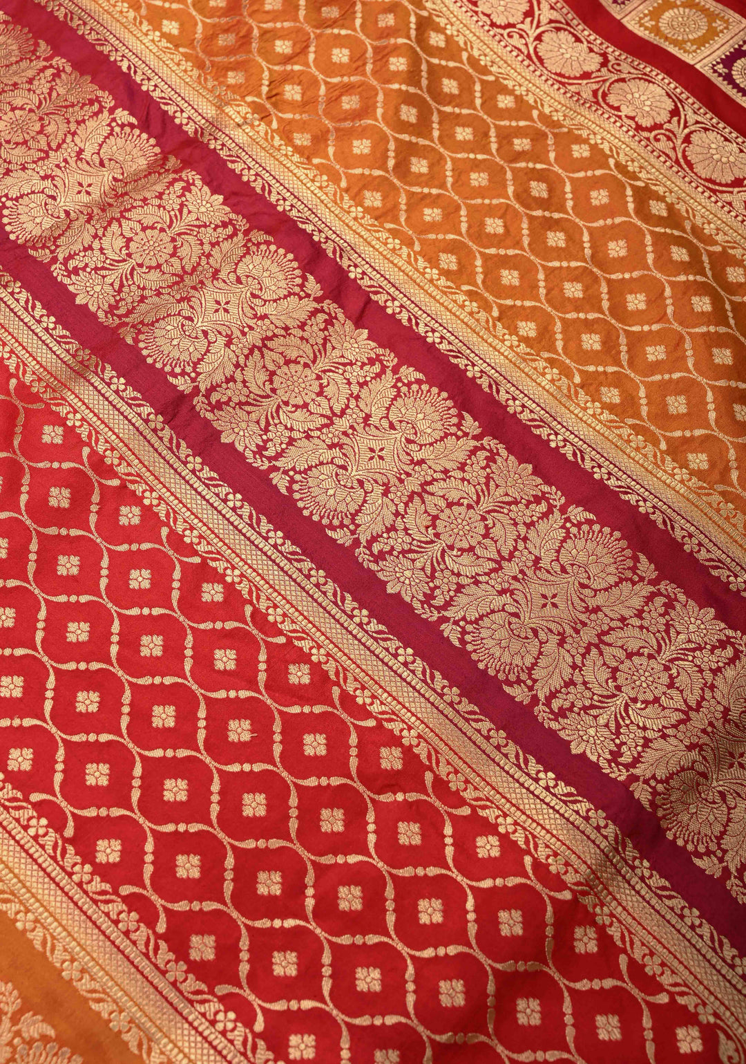 Vibrant Hued Jharoka Pattern Pure Katan Silk saree with Zari borders | SILK MARK CERTIFIED