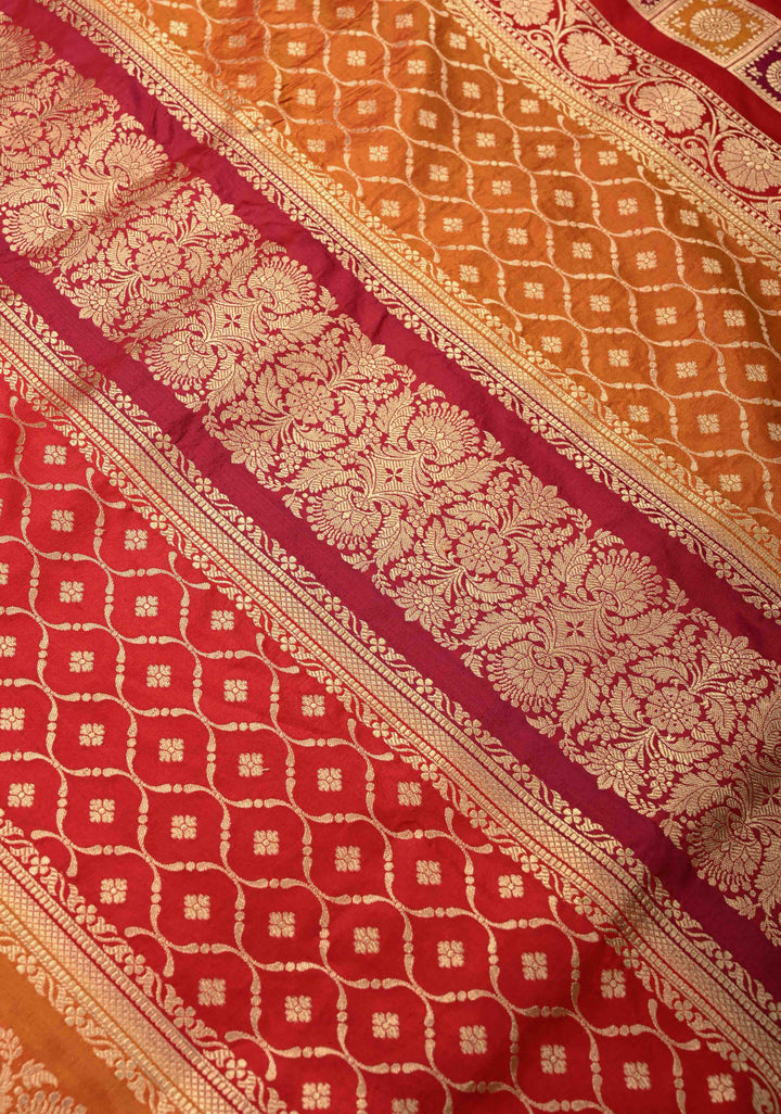 Vibrant Hued Jharoka Pattern Pure Katan Silk saree with Zari borders | SILK MARK CERTIFIED