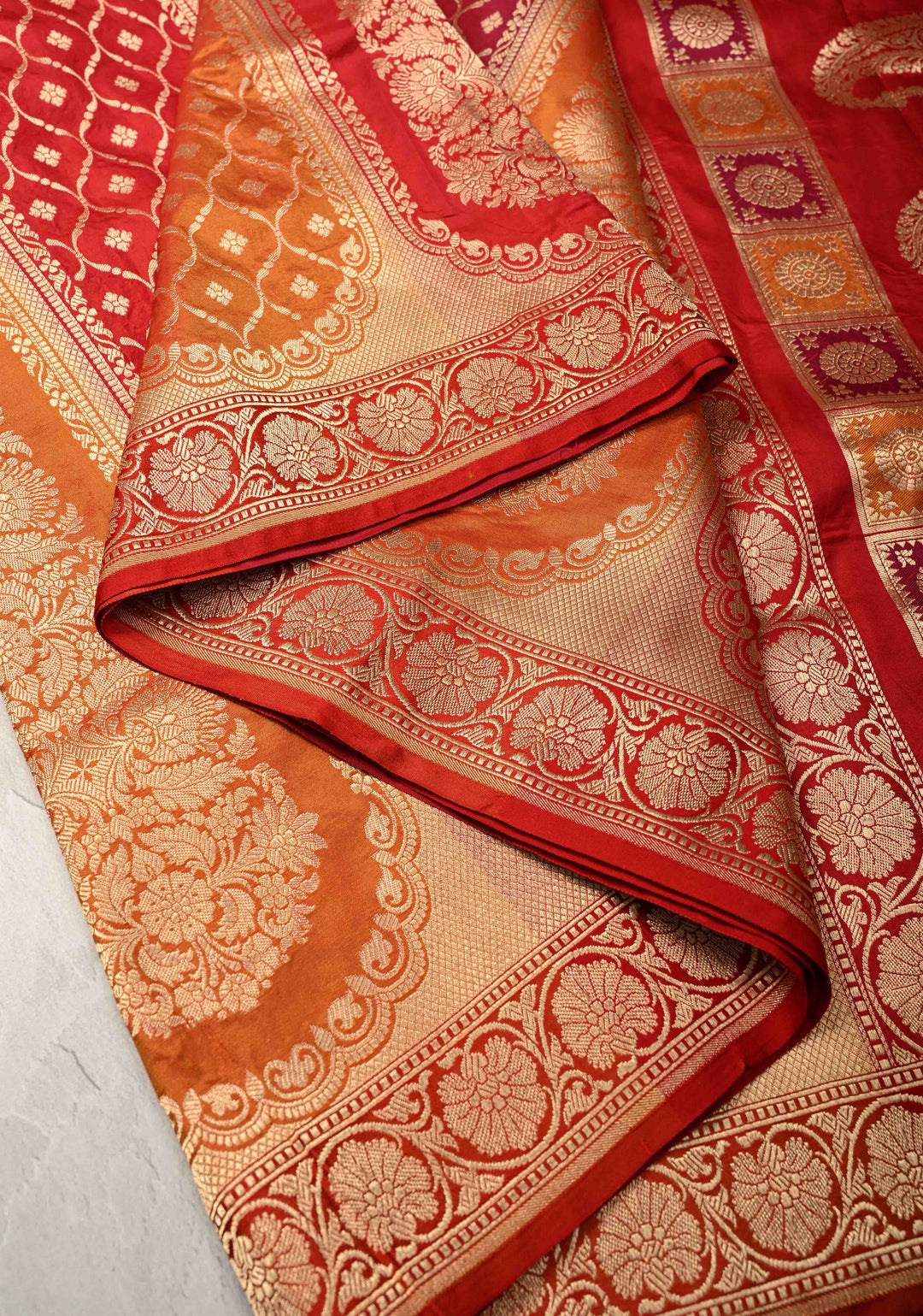 Vibrant Hued Jharoka Pattern Pure Katan Silk saree with Zari borders | SILK MARK CERTIFIED